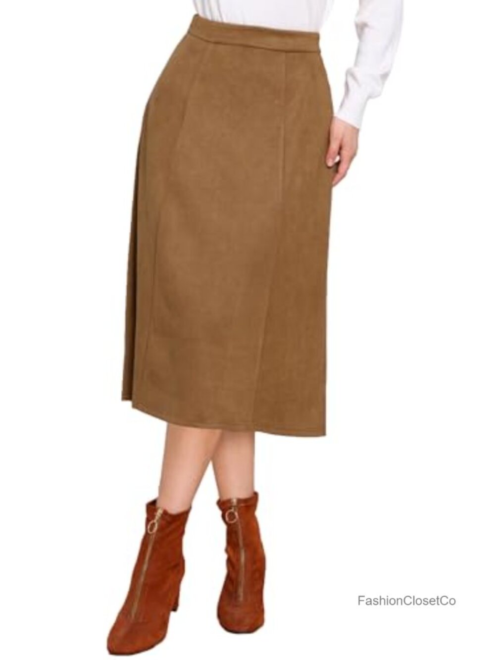 Faux Suede Midi A-Line Skirt High Elastic Waist